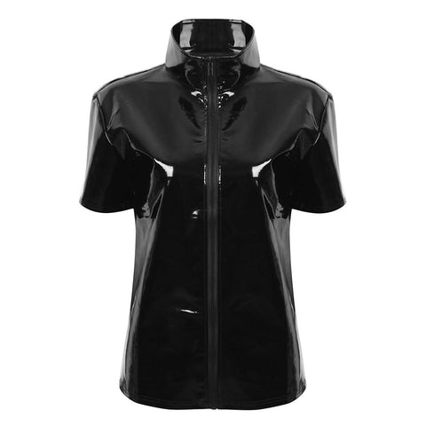 Shiny Metallic Hipster PVC Leather Stand Collar Short Sleeves Front Zip Up Top