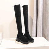 Leather Stretch Over-the-knee Boots Round Toe High Heels - Alt Style Clothing