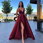Sexy V-Neck Satin Spaghetti Strap Side Slit Prom Dress Evening Gown - Alt Style Clothing