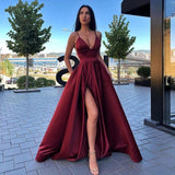 Sexy V-Neck Satin Spaghetti Strap Side Slit Prom Dress Evening Gown - Alt Style Clothing