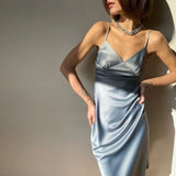 Satin V-Neck Camisole Party Dress with Spaghetti Straps