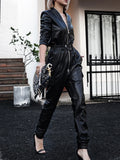 Soft Faux Leather Cargo Jumpsuit Long Sleeve Zipper