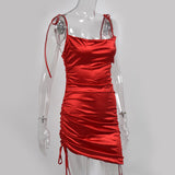 Sexy Runched Dress Satin Bodycon Spaghetti Strap Dress
