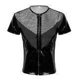 Shiny Metallic Hipster PVC Leather Stand Collar Short Sleeves Front Zip Up Top - Alt Style Clothing