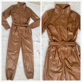 Zipper Faux Leather Jumpsuit Stand Collar Long Sleeve - Alt Style Clothing