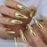 24-Piece Metallic Gold Mirror Coffin Nail Tips - Long Ballerina Press-On Set