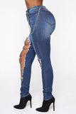 Mid-Waist Slim Fit Chain Hole Denim Jeans – High Street Stretch Pencil Pants