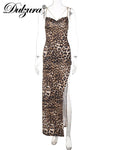 Leopard Print Chain Strap Side Slit Maxi Dress