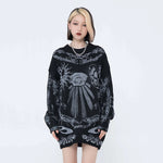 Gothic Skulls Oversized Sweater with Frayed Details for Women