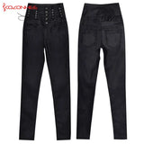 High-Waisted Faux Leather Skinny Pants with Side Lace-Up Detail - Sexy Black Coated Design with Stretch for Comfort