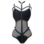 Gothic Lace Mesh Bodycon Bodysuit - Sleeveless & Hollow-Out Design