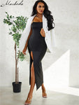 Elegant Slim Spaghetti Strap Black Side Slit Evening Party Midi Dress - Alt Style Clothing