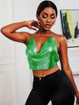 Mesh Metal Top Backless Halter Crop Top Night Club With V-Neck