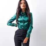 Elegant Satin Shirt Turn Down Collar Longth Sleeve Blouse - Alt Style Clothing