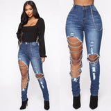 Mid-Waist Slim Fit Chain Hole Denim Jeans – High Street Stretch Pencil Pants