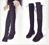 Lace Up Over Knee Flat Square Heel Rubber Flock Boots