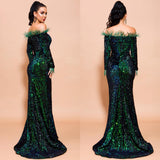 Sexy Off Shoulder Feather Long Sleeve Sequin Dress Floor Length - Alt Style Clothing