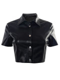 Faux Pu Leather Crop Top Buttons Short Sleeves Bodycon Shirt