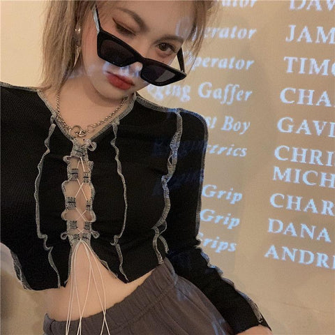 Bust Hollow-out Design Long Sleeve Cool Crop Top