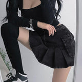 Jeans Mini Skirt Goth Denim Pleated with Big Pockets - Alt Style Clothing