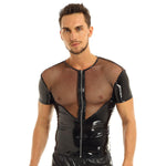 Shiny Metallic Hipster PVC Leather Stand Collar Short Sleeves Front Zip Up Top - Alt Style Clothing