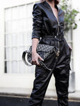 Soft Faux Leather Cargo Jumpsuit Long Sleeve Zipper