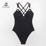 Solid Black V-neck O-ring One-Piece Swimsuit - Alt Style Clothing