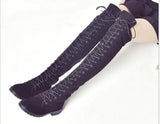 Lace Up Over Knee Flat Square Heel Rubber Flock Boots