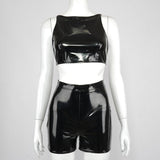 PU Leather Open Back Hollow Out Top and Skinny Shorts Set - Alt Style Clothing