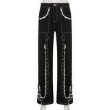 Gothic Aesthetic Lace Up Patchwork Bandage Trousers Straight Pants
