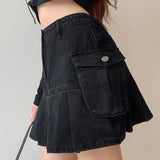 Goth Denim Pleated Mini Skirt with Big Pockets