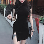 Gothic Satin Cheongsam Mini Dress with Stand Collar