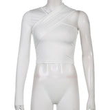 V-Neck One-shoulder Soild Slim Crop Top - Alt Style Clothing