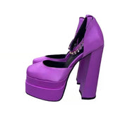 Silk Mary Jane Platform Pumps with Super High Square Heels