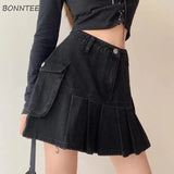 Goth Denim Pleated Mini Skirt with Big Pockets