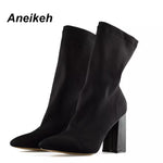 Pointed Toe Sock Boots Square High Heel Boots