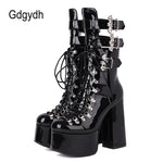 Gothic Style Black Platform Boots Mid Calf Ankel Buckle Strap - Alt Style Clothing