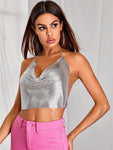 Metal Sequins Backless Chain Halter Crop Top - Alt Style Clothing