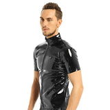 Shiny Metallic Hipster PVC Leather Stand Collar Short Sleeves Front Zip Up Top