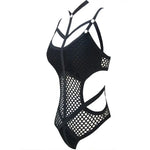 Gothic Lace Mesh Bodycon Bodysuit - Sleeveless & Hollow-Out Design