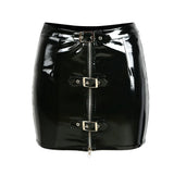 Wet Look PVC Latex Pencil Skirt with Front Buckles - Vinyl Zipper Design