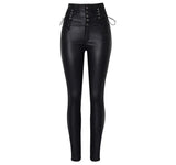 High-Waisted Faux Leather Skinny Pants with Side Lace-Up Detail - Sexy Black Coated Design with Stretch for Comfort