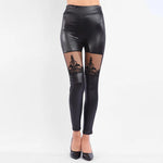 High-Waist Faux Leather Gothic Punk Leggings with Lace Detailing