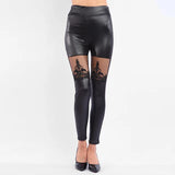 High-Waist Faux Leather Gothic Punk Leggings with Lace Detailing