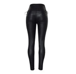 High-Waisted Faux Leather Skinny Pants with Side Lace-Up Detail - Sexy Black Coated Design with Stretch for Comfort