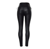 High-Waisted Faux Leather Skinny Pants with Side Lace-Up Detail - Sexy Black Coated Design with Stretch for Comfort