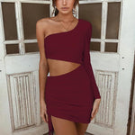 One Shoulder Ruched Waist Hollow Out Dress