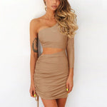 One Shoulder Ruched Waist Hollow Out Dress