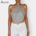 Glitter Crystal Diamonds See Through Backless Tank Top