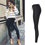 Metal Eyelet Straps High-Waisted PU Coated Leather Pants - Slim Fit with Stretch and Elastic Waist